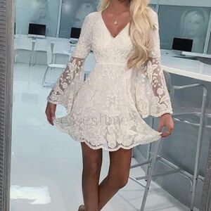 CBR S white flared mini midi dress with lace and embroidery overlay eyelet trim